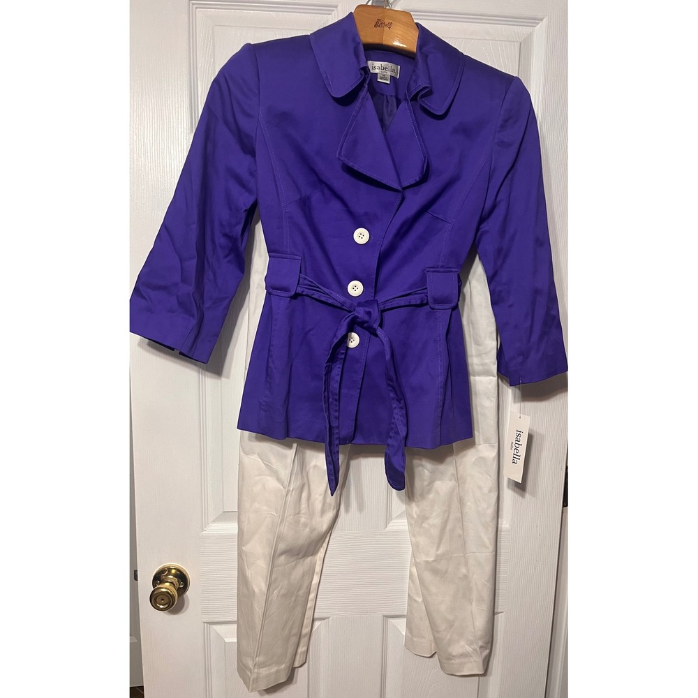 Isabella Suits Purple Belted Jacket White Pants 2 Piece Set Womens 10 New 121247